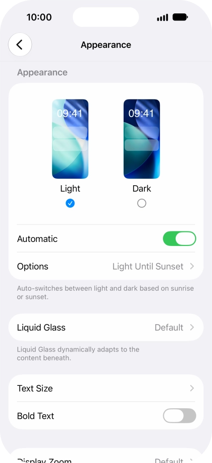 If you turn on the function, press Options and follow the instructions on the screen to select the required period of time for Dark Mode.