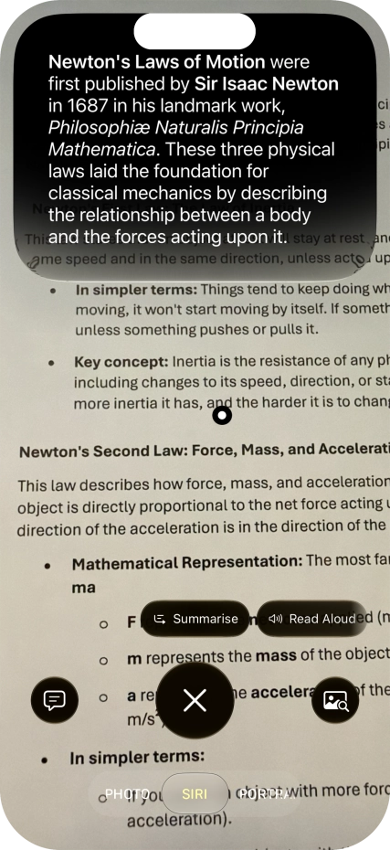To use visual intelligence on a text, take a picture of the text, press the required setting and follow the instructions on the screen to use the function.