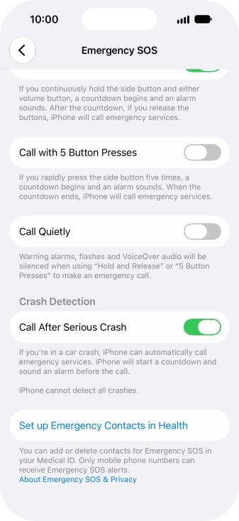Press Set up Emergency Contacts in Health and follow the instructions on the screen to key in your emergency info and emergency contacts.