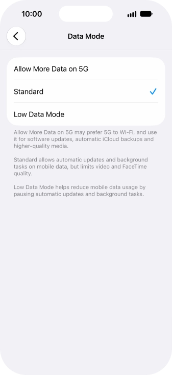 Press the required setting.
