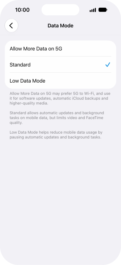 Press the required setting.