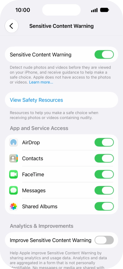 Press the indicators next to the required applications to turn the function on or off.