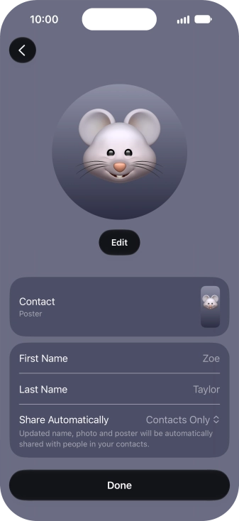 Press the name fields and follow the instructions on the screen to edit your name on the Contact Poster.