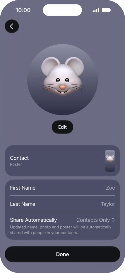 Press the name fields and follow the instructions on the screen to edit your name on the Contact Poster.