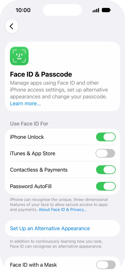 Press the indicators next to the required settings to turn them on or off.