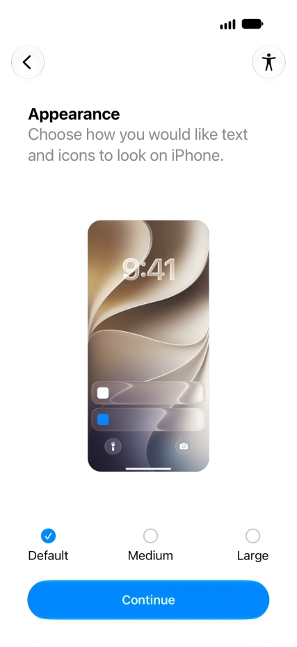 Select the required text and icon size on your phone and press Continue.