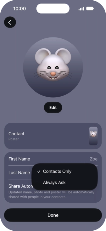 Press the required setting.