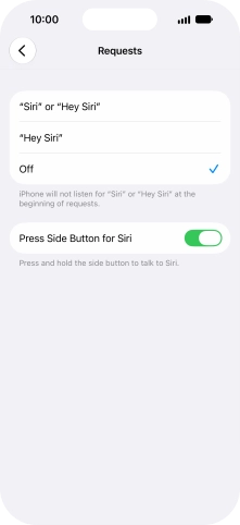 Press the required setting to turn the function on or off. If you turn on the function, you need to follow the instructions on the screen to set up Siri to recognise your voice.