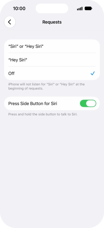 Press the required setting to turn the function on or off. If you turn on the function, you need to follow the instructions on the screen to set up Siri to recognise your voice.
