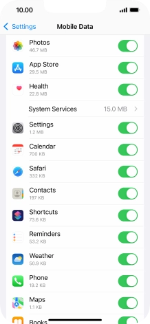 The data usage for each application is displayed below the name of the application.
