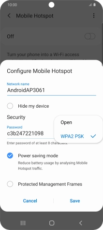Press WPA2 PSK to password protect your Wi-Fi hotspot.