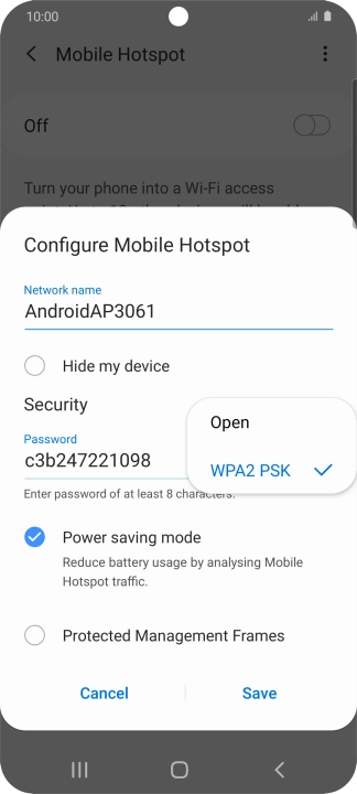 Press WPA2 PSK to password protect your Wi-Fi hotspot.