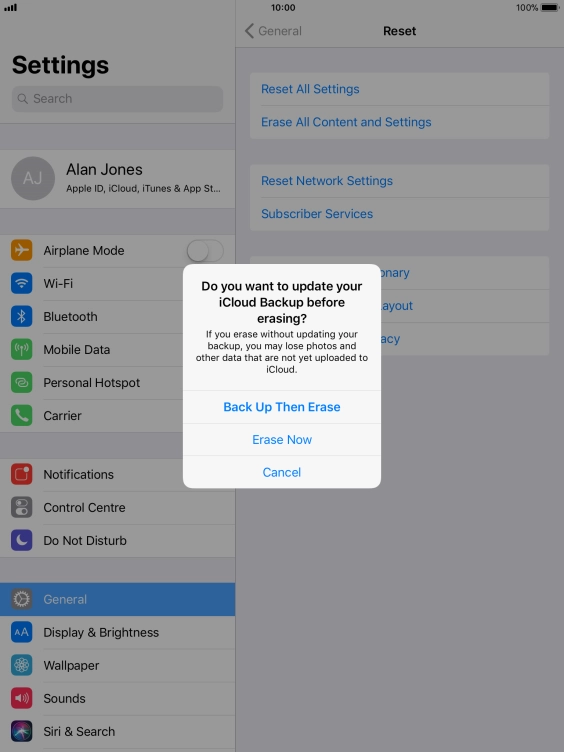 Press the required setting.
