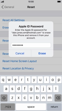 Key in the password for your Apple ID and press Erase. Wait a moment while the factory default settings are restored. Follow the instructions on the screen to set up your phone and prepare it for use.