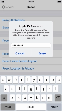 Key in the password for your Apple ID and press Erase. Wait a moment while the factory default settings are restored. Follow the instructions on the screen to set up your phone and prepare it for use.