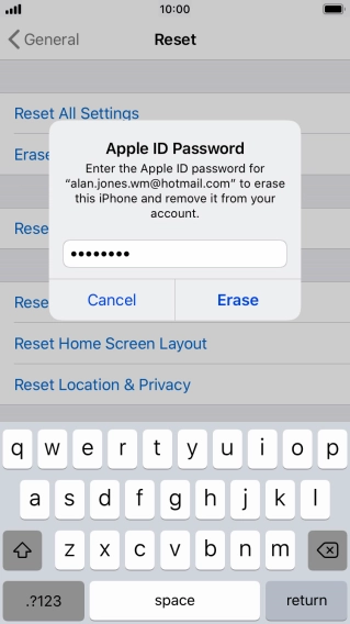 Key in the password for your Apple ID and press Erase. Wait a moment while the factory default settings are restored. Follow the instructions on the screen to set up your phone and prepare it for use.