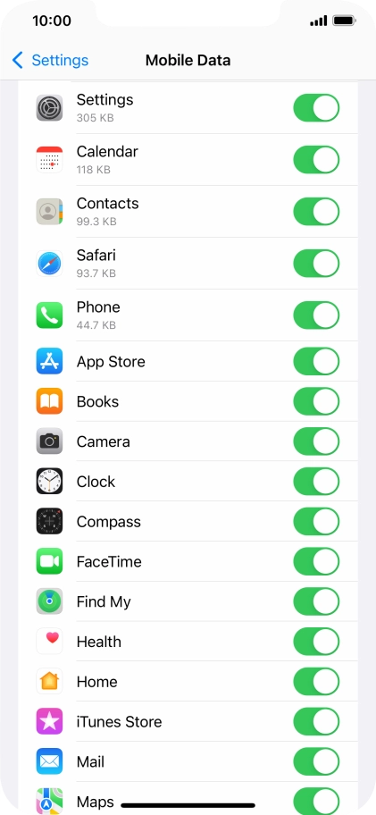 The data usage for each application is displayed below the name of the application.