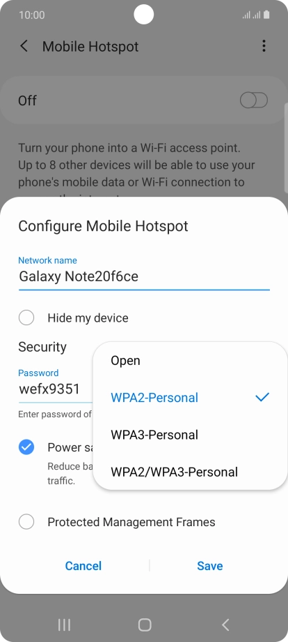Press WPA2-Personal to password protect your Wi-Fi hotspot.