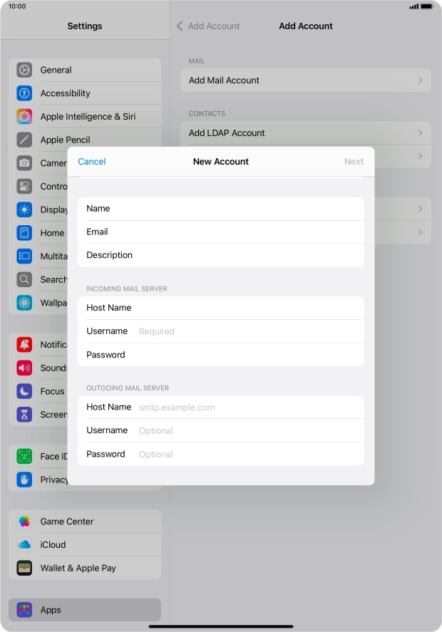 Press Username and key in the username for your email account.