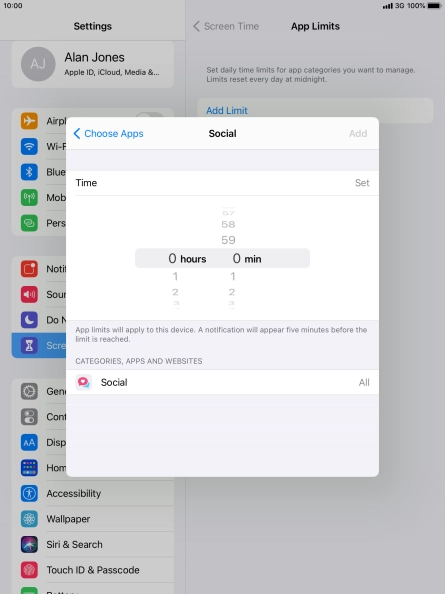 Set the required time limit for use of the selected category.