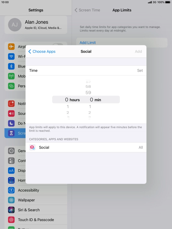 Set the required time limit for use of the selected category.