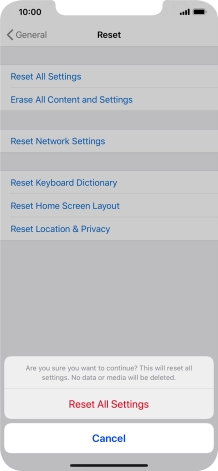 Press Reset All Settings. Wait a moment while the factory default settings are restored. Follow the instructions on the screen to set up your phone and prepare it for use.