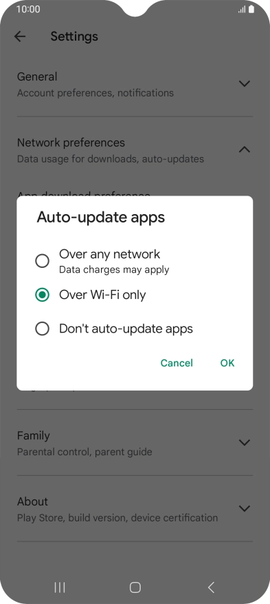 To turn on automatic update of apps using mobile network, press Over any network.