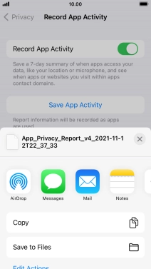 Press the required setting and follow the instructions on the screen to share or save the app activity report.