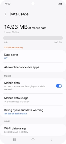The total data usage is displayed. The total data usage is displayed.