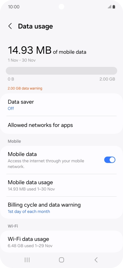 The total data usage is displayed. The total data usage is displayed.