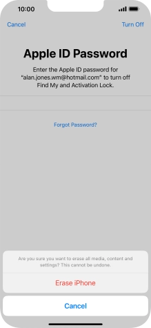 Key in the password for your Apple ID and press Erase iPhone. Wait a moment while the factory default settings are restored. Follow the instructions on the screen to set up your phone and prepare it for use.