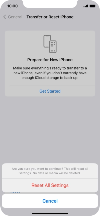 Press Reset All Settings. Wait a moment while the factory default settings are restored. Follow the instructions on the screen to set up your phone and prepare it for use.