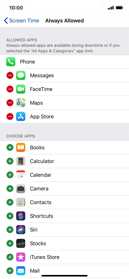 Press the remove icon next to the required app to remove it from the list of allowed apps during Downtime.