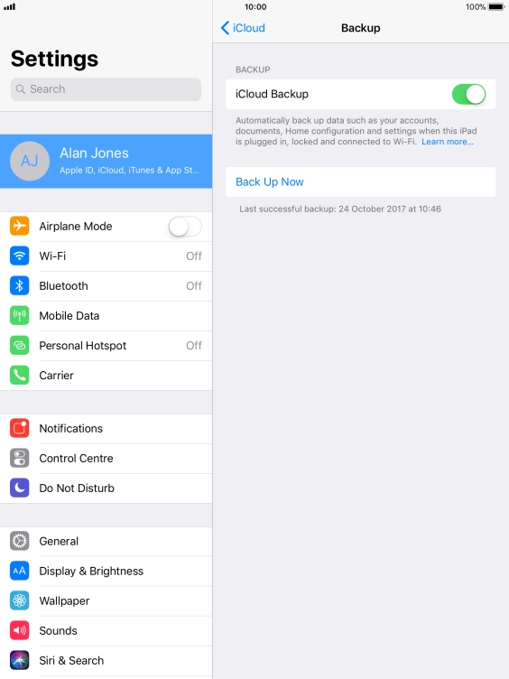 Press Back Up Now and wait while the tablet memory is backed up.