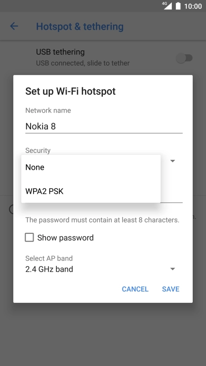 Press WPA2 PSK to password protect your Wi-Fi hotspot.