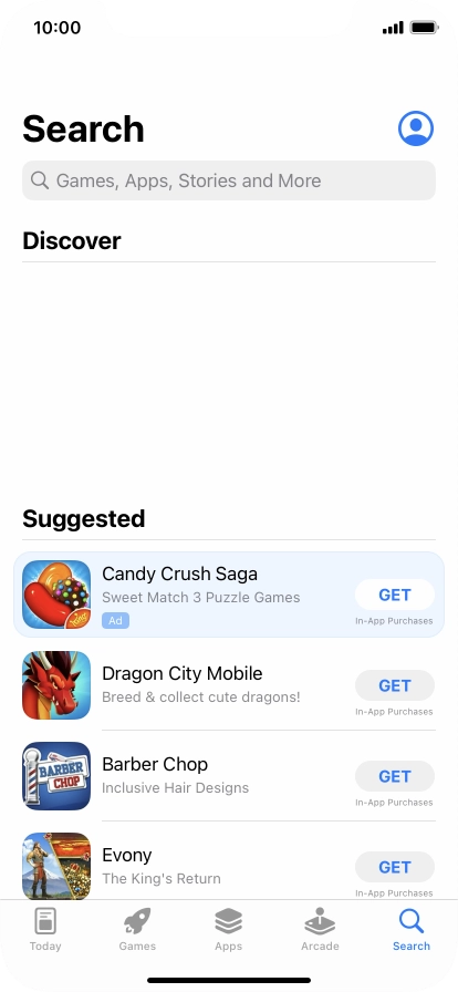 Press the search field and key in the name or subject of the required app.