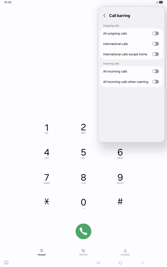 Press the indicator next to the required barring type to turn the function on or off.
