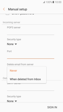Press Never to keep email messages on the server when you delete them on your phone.