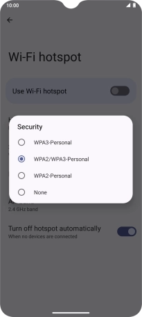 Press WPA3-Personal to password protect your Wi-Fi hotspot.