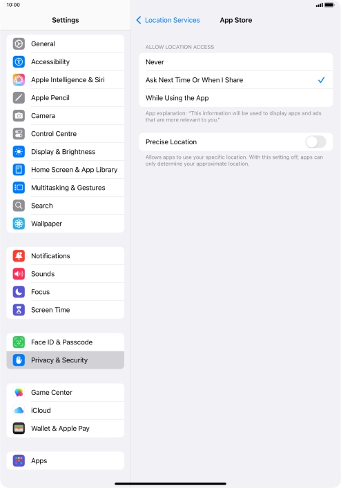 Press the required setting to turn the function on or off.