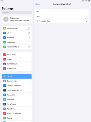 To turn off background refresh of apps, press Off.