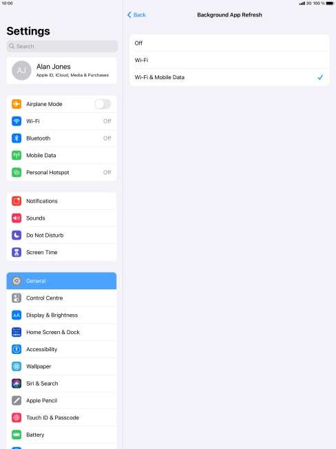 To turn off background refresh of apps, press Off.