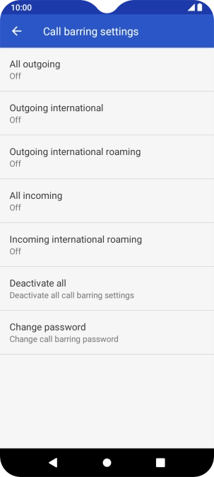 Press the required barring type to turn the function on or off.