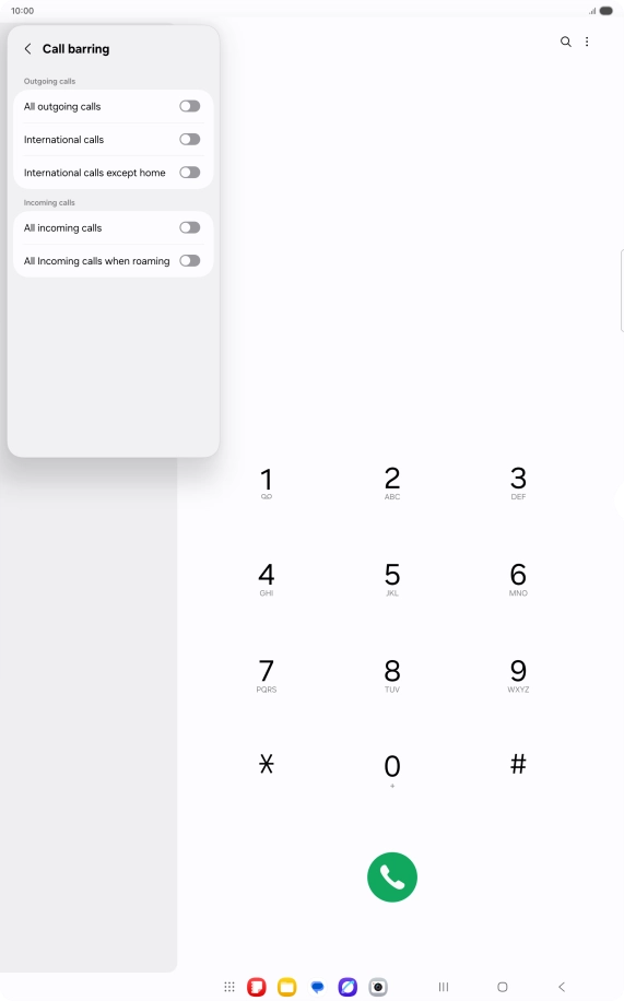 Press the indicator next to the required barring type to turn the function on or off. Press the indicator next to the required barring type to turn the function on or off.