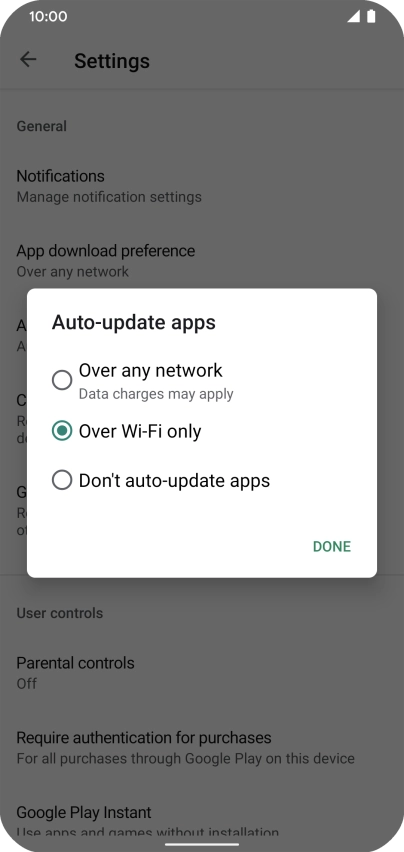 To turn on automatic update of apps using mobile network, press Over any network.