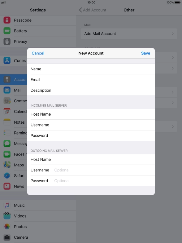 Press Username and key in the username for your email account. Please note that if you're using Vodafone's outgoing server, leave the username field empty.