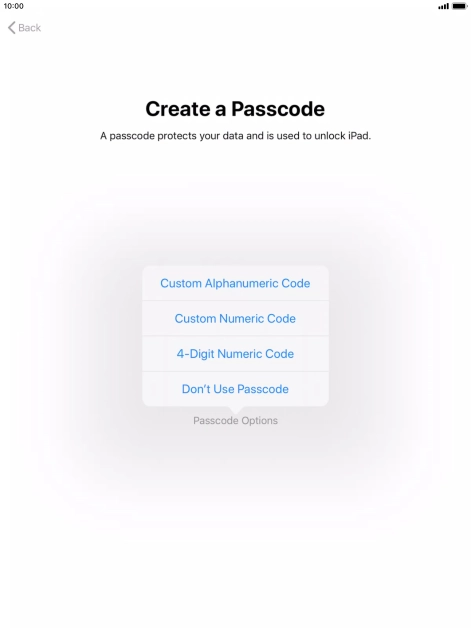 Follow the instructions on the screen to turn on use of lock code or press Don't Use Passcode.