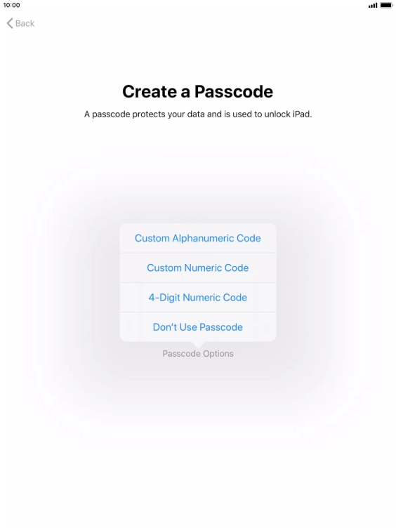 Follow the instructions on the screen to turn on use of lock code or press Don't Use Passcode. Follow the instructions on the screen to turn on use of lock code or press Don't Use Passcode.