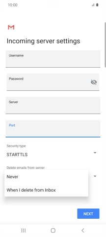 Press Never to keep email messages on the server when you delete them on your phone.