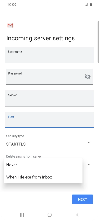 Press Never to keep email messages on the server when you delete them on your phone.